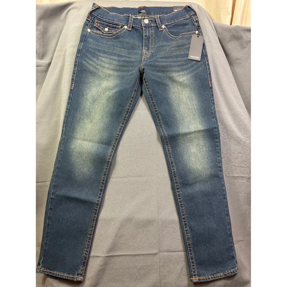 True Religion Men Sz 34x32 Geno SN Flap Relaxed Slim Jeans Blue Denim Orange